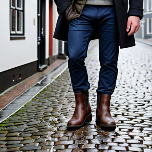 Home 8 A well-dressed man, confidently walking down a picturesque, wet cobblestone street in a Dutch city during winter. He is wearing stylish, high-quality, dark leather Chelsea boots that appear perfectly fitted and comfortable. The boots show subtle signs of the durable material and a sturdy sole, reflecting both elegance and functionality for daily wear in a cold, damp climate. The overall scene emphasizes comfort, fit, and casual chic style.