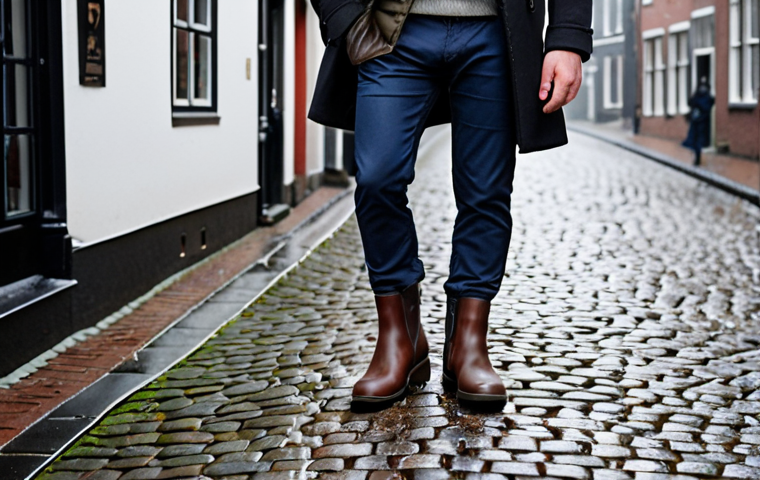 A well-dressed man, confidently walking down a picturesque, wet cobblestone street in a Dutch city during winter. He is wearing stylish, high-quality, dark leather Chelsea boots that appear perfectly fitted and comfortable. The boots show subtle signs of the durable material and a sturdy sole, reflecting both elegance and functionality for daily wear in a cold, damp climate. The overall scene emphasizes comfort, fit, and casual chic style.